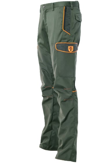 Pantalone uomo caccia antistrappo 6 tasche con rivestimento in tessuto tecnico verde con profili arancioni alta visibilita dalla 46 alla 60