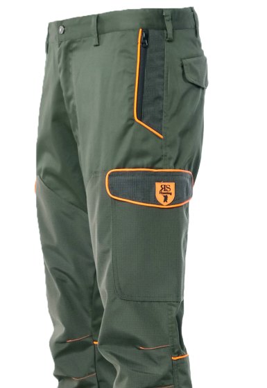 Pantalone uomo caccia antistrappo 6 tasche con rivestimento in tessuto tecnico verde con profili arancioni alta visibilita dalla 46 alla 60