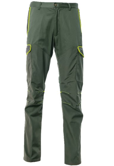 Pantalone uomo caccia antistrappo 6 tasche con rivestimento in tessuto tecnico verde con profilo Giallo alta visibilita dalla 46 alla 60
