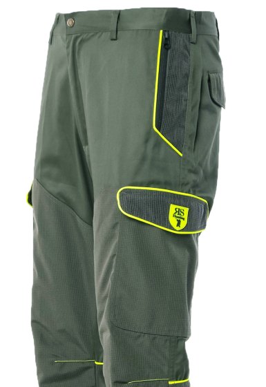 Pantalone uomo caccia antistrappo 6 tasche con rivestimento in tessuto tecnico verde con profilo Giallo alta visibilita dalla 46 alla 60