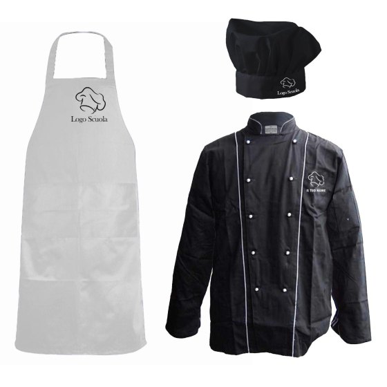 Completo Personalizzabile Kit Divisa Cucina e Scuola Alberghiera con Grembiule, Cappello e Casacca Chef