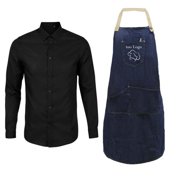 Kit Completo Uomo per Camerieri con Grembiule in Jeans e Camicia disponibile dalla taglia XS alla XXL made in italy