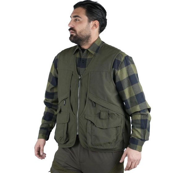 Smanicato panciotto gilet caccia verde uomo tasche inserti arancio cacciatora canvas