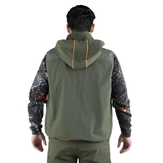 Gilet smanicato arancio verde elasticizzato antispino e antistrappo con la presenza di carniere caccia