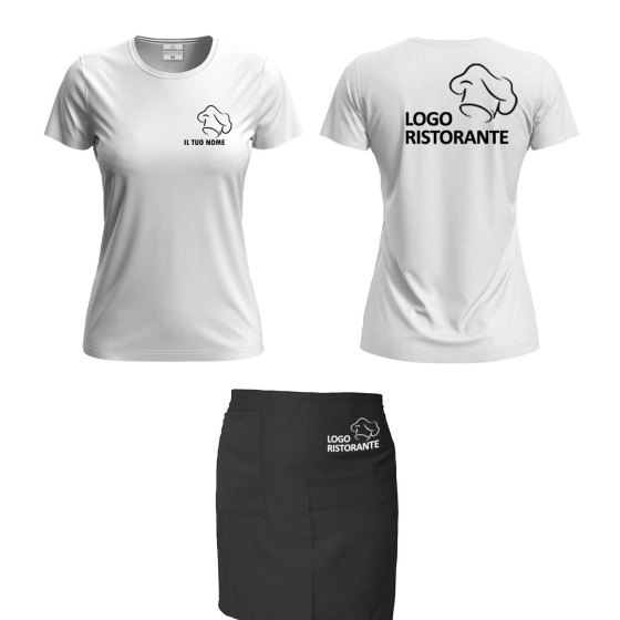 Kit Cuoco Donna Personalizzabile per cucina con t-shirt e grembiule corto nero