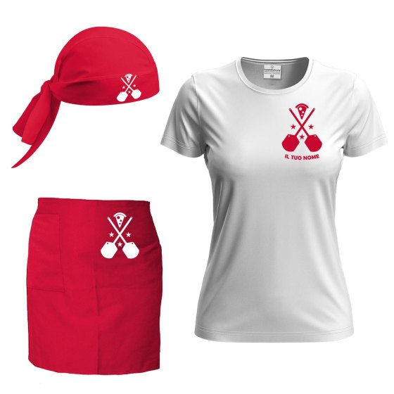 Kit Donna Cucina Ristorante Pizzeria con t-shirt  e grembiule corto e bandana varie taglie e colori made in italy