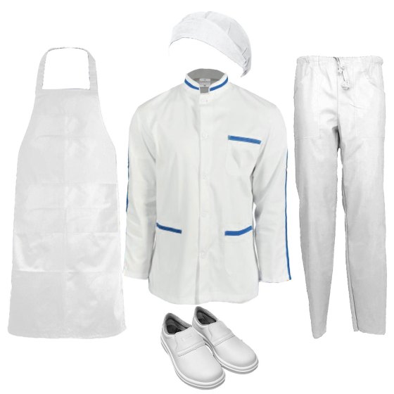 Kit Divisa da Lavoro Uomo operaio con Camice Grembiule Cuffia Pantalone e Scarpe Personalizzabile Caseifici Laboratori e Supermercati