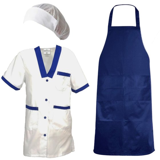 Divisa donna con camice grembiule cuffia per lavoro in caseifici laboratori e supermercati. Personalizzabile con logo e nome