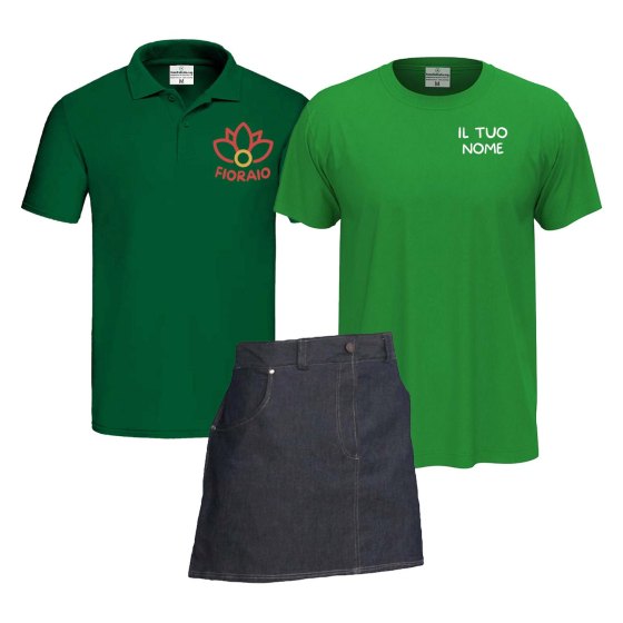 Kit Uomo Include un grembiule corto in jeans una polo e una t-shirt per Fioraio varie taglie e colori