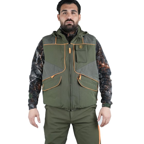 Gilet smanicato caccia antispino carniere caccia arancio verde tasche uomo sportivo