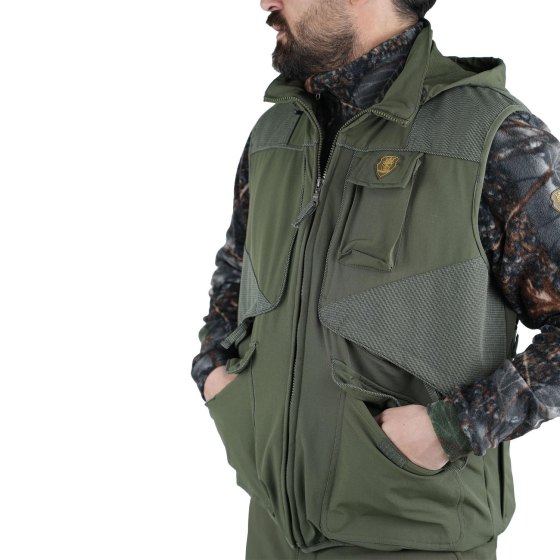 Gilet smanicato caccia antispino carniere caccia arancio verde tasche uomo sportivo