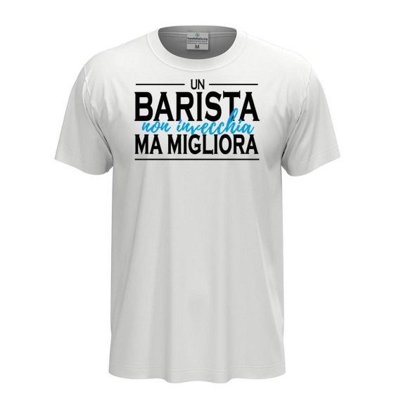 T-shirt mezza manica IL BARISTA NON INVECCHIA cotone con stampa idea regalo Bar uomo donna