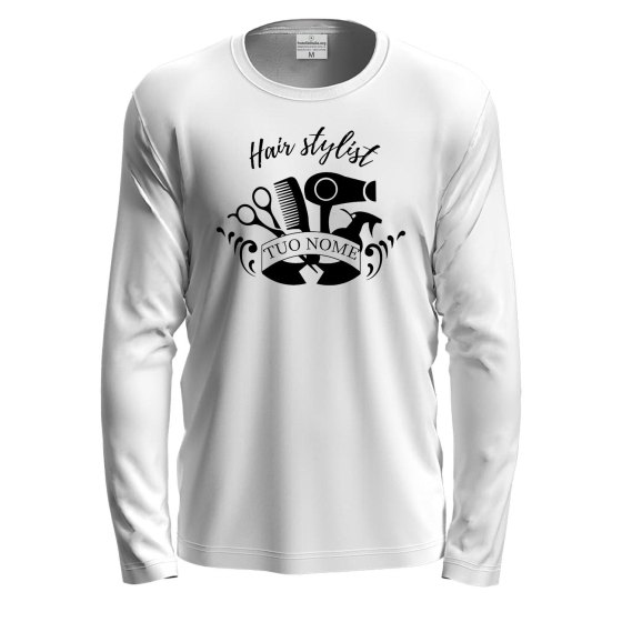 T-shirt a manica lunga con stampa DTF "HAIR STYLIST" per parrucchieri barbieri salone personalizzabile con nome