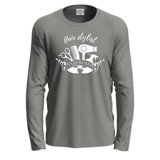 T-shirt a manica lunga con stampa DTF "HAIR STYLIST" per parrucchieri barbieri salone personalizzabile con nome