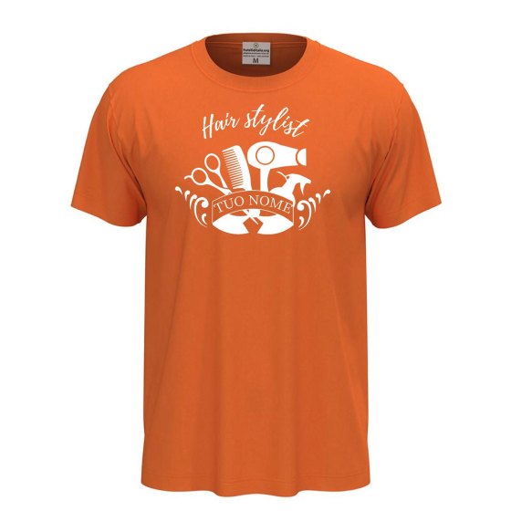T-shirt unisex a manica corta con stampa DTF "HAIR STYLIST", per parrucchieri barbiere spazzola personalizzabile con nome