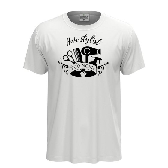 T-shirt unisex a manica corta con stampa DTF "HAIR STYLIST", per parrucchieri barbiere spazzola personalizzabile con nome