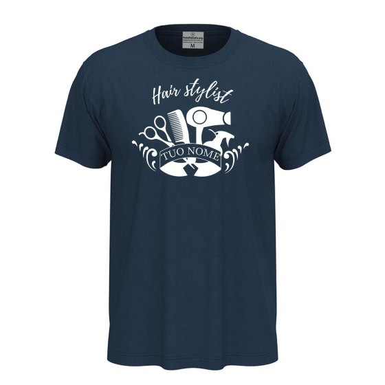 T-shirt unisex a manica corta con stampa DTF "HAIR STYLIST", per parrucchieri barbiere spazzola personalizzabile con nome