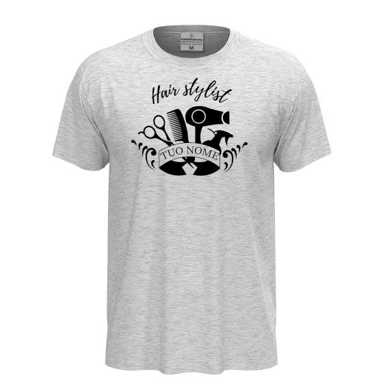T-shirt unisex a manica corta con stampa DTF "HAIR STYLIST", per parrucchieri barbiere spazzola personalizzabile con nome
