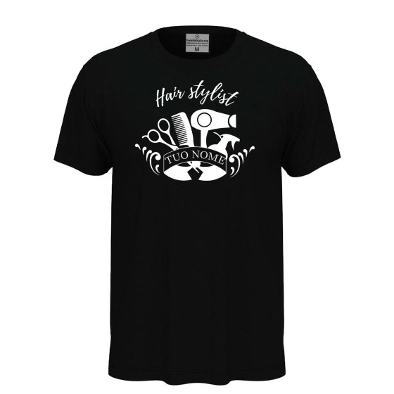 T-shirt unisex a manica corta con stampa DTF "HAIR STYLIST", per parrucchieri barbiere spazzola personalizzabile con nome