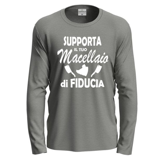 T-shirt a manica lunga "SUPPORTA IL TUO MACELLAIO" in cotone con stampa macelleria