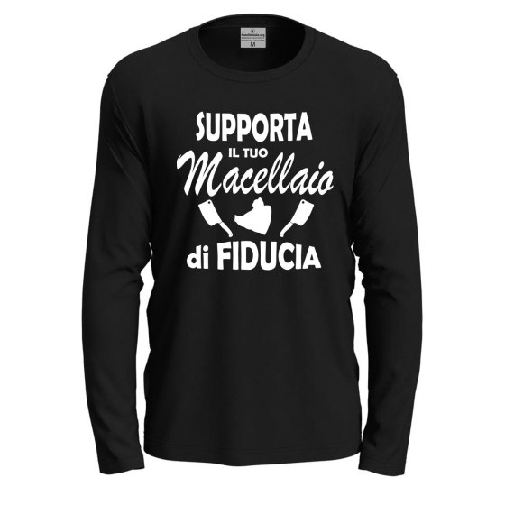 T-shirt a manica lunga "SUPPORTA IL TUO MACELLAIO" in cotone con stampa macelleria