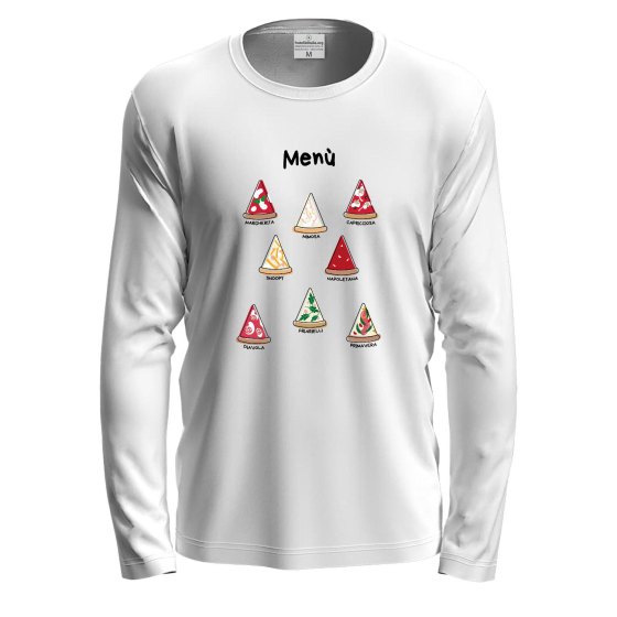 T-shirt a manica lunga con stampa DTF "MENU' PIZZA", idea divertente per amanti della pizza