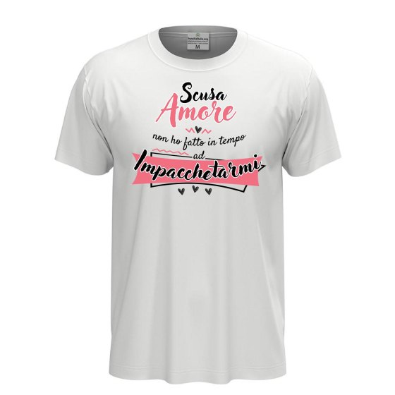 T-shirt classica unisex a manica corta con stampa "SCUSA AMORE" simpatica idea regalo per San Valentino.