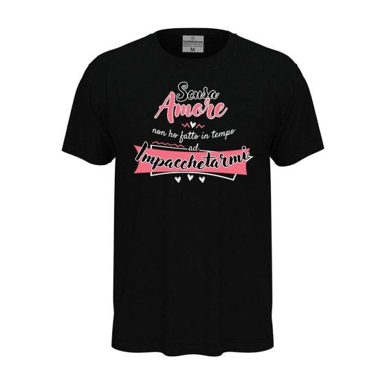 T-shirt classica unisex a manica corta con stampa "SCUSA AMORE" simpatica idea regalo per San Valentino.