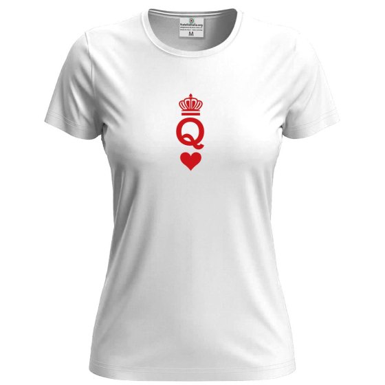 T-shirt classica donna a manica corta con stampa "QUEEN" regina carta gioco coppia San Valentino
