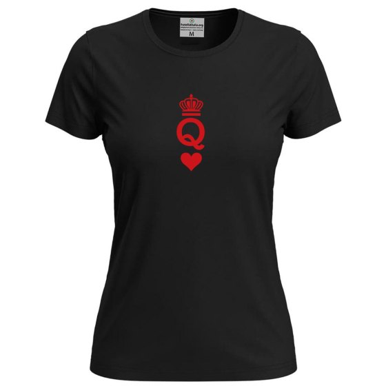 T-shirt classica donna a manica corta con stampa "QUEEN" regina carta gioco coppia San Valentino