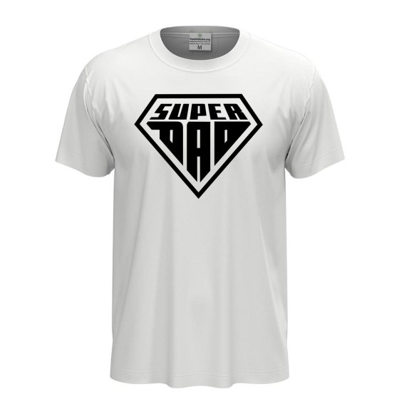 Short-sleeved T-shirt with "SUPER DAD" print, a fun gift idea for dads at birthday parties.