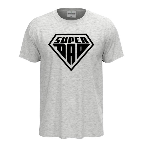 Short-sleeved T-shirt with "SUPER DAD" print, a fun gift idea for dads at birthday parties.