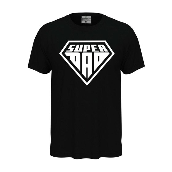 Short-sleeved T-shirt with "SUPER DAD" print, a fun gift idea for dads at birthday parties.
