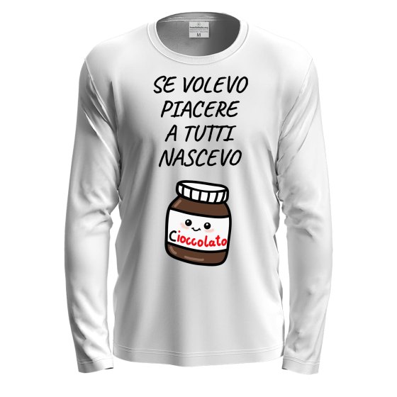 T-shirt a manica lunga con stampa DTF "NASCEVO CIOCCOLATO", idea regalo disponibile in varie taglie e colori