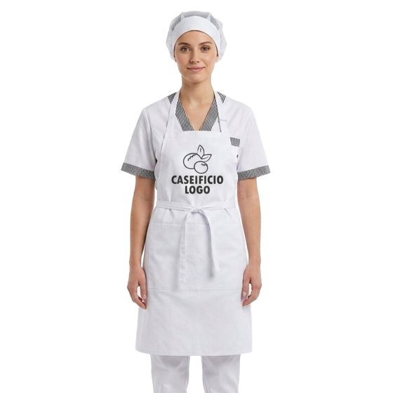 Divisa donna con camice grembiule pantalone cuffia per lavoro in caseifici laboratori e supermercati Personalizzabile con logo e nome
