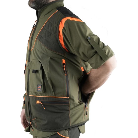 Camicia caccia verde arancio alta visibilita' fluo rinforzi ampie tasche frontali caccia outdoor