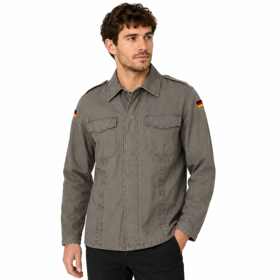 Camicia soldato uomo militare moleskin tedesca cotone tasche bottoni spalline