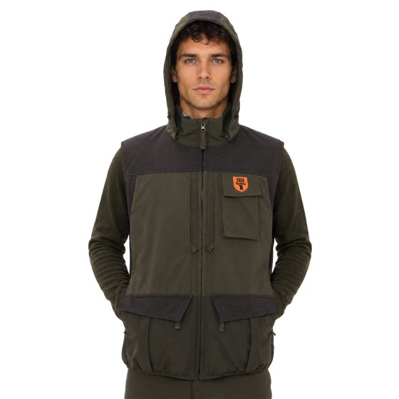 Gilet smanicato caccia verde quattro grandi tasche carniere sul retro con zip