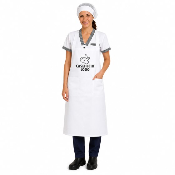 Divisa donna con camice grembiule cuffia per lavoro in caseifici laboratori e supermercati. Personalizzabile con logo e nome