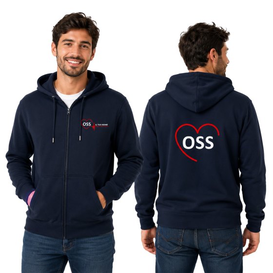 Felpa Unisex OSS con Zip e Cappuccio per Operatore Socio Sanitario in blu scuro - Personalizzata con stampa Fronte/Retro