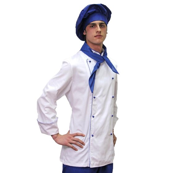 Giacca casacca cuoco cotone bianca profilo nero o blu con bottoncini - Personalizzabile con il tuo logo