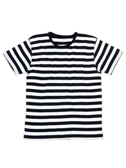 T-shirt in Jersey girocollo, tinta in filo con stampa a righe. Cucitura a doppio ago