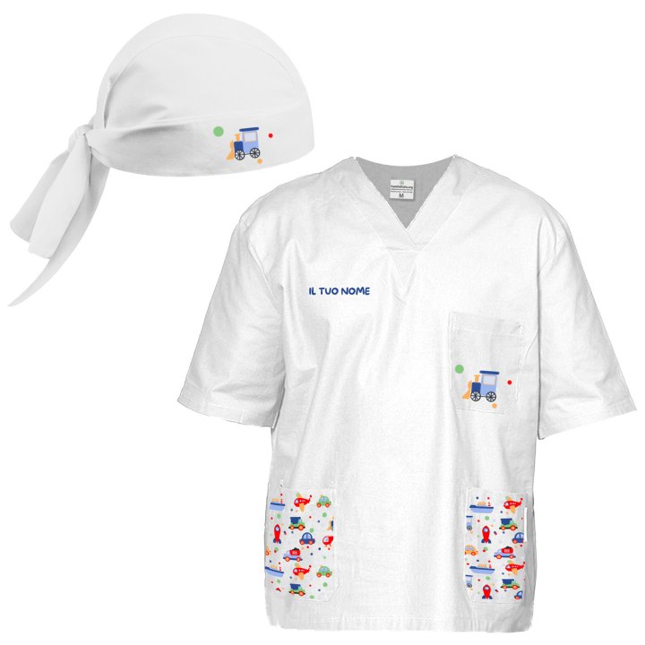 Divisa completo infermiere ospedaliero oss casacca pantalone e bandana per Clowntherapy Dottore vari colori fantasia giochi