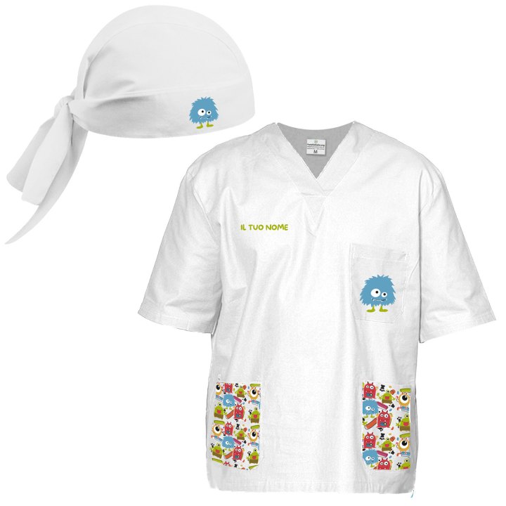 Divisa completo oss casacca scollo a v con pantalone e bandana infermiere pediatra dottore ospedaliero fantasia mostri