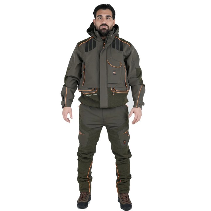 Completo divisa caccia softshell giacca e pantalone antispino cacciatore elasticizzato abiti tecnici