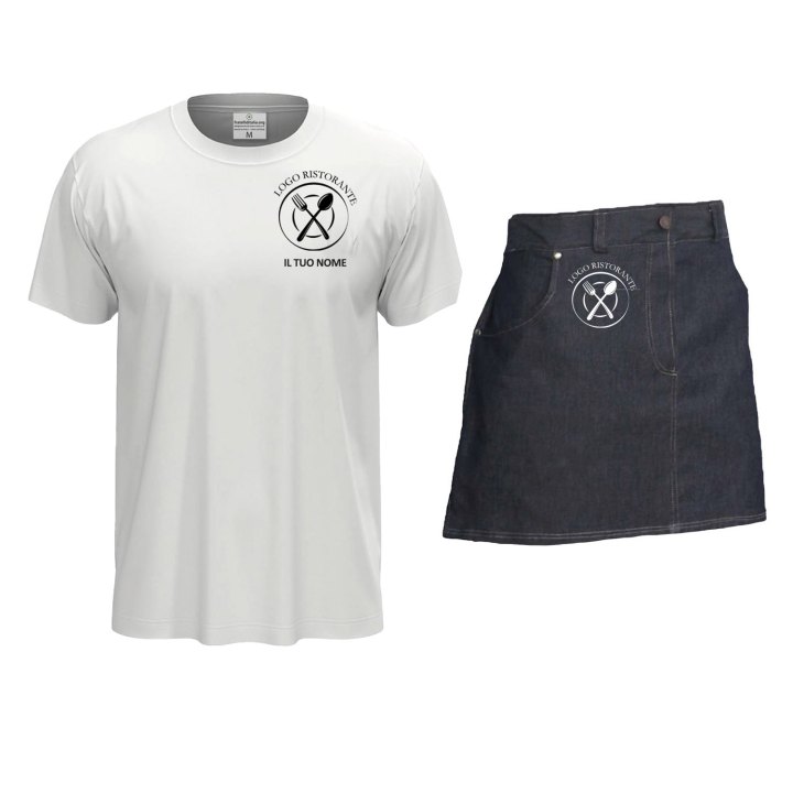 Kit Uomo con Grembiule davantino jeans corto e t-shirt per cameriere sala e bar made in italy
