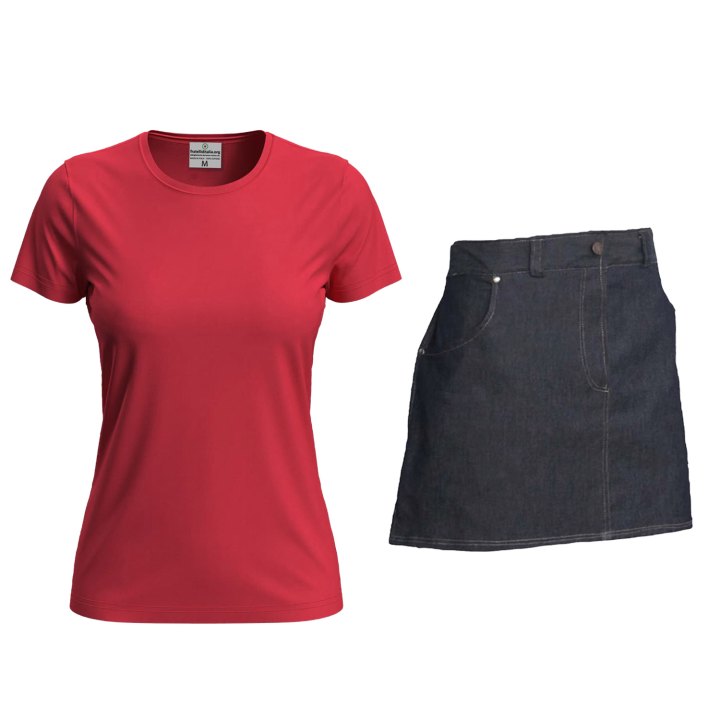 Kit donna con Grembiule davantino jeans corto e t-shirt per cameriere sala bar e divisa per Scuola Alberghiera Personalizzabile con Nome e Logo