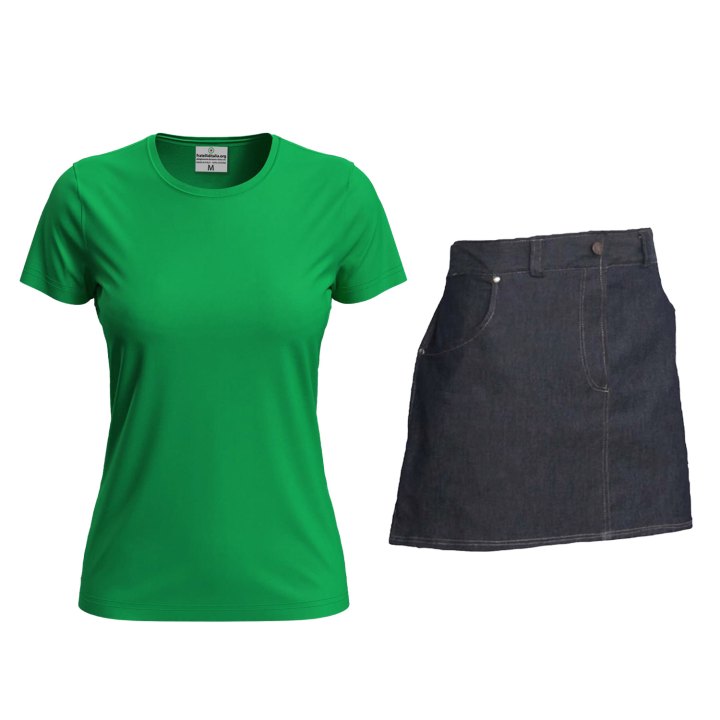 Kit donna con Grembiule davantino jeans corto e t-shirt per cameriere sala bar e divisa per Scuola Alberghiera Personalizzabile con Nome e Logo