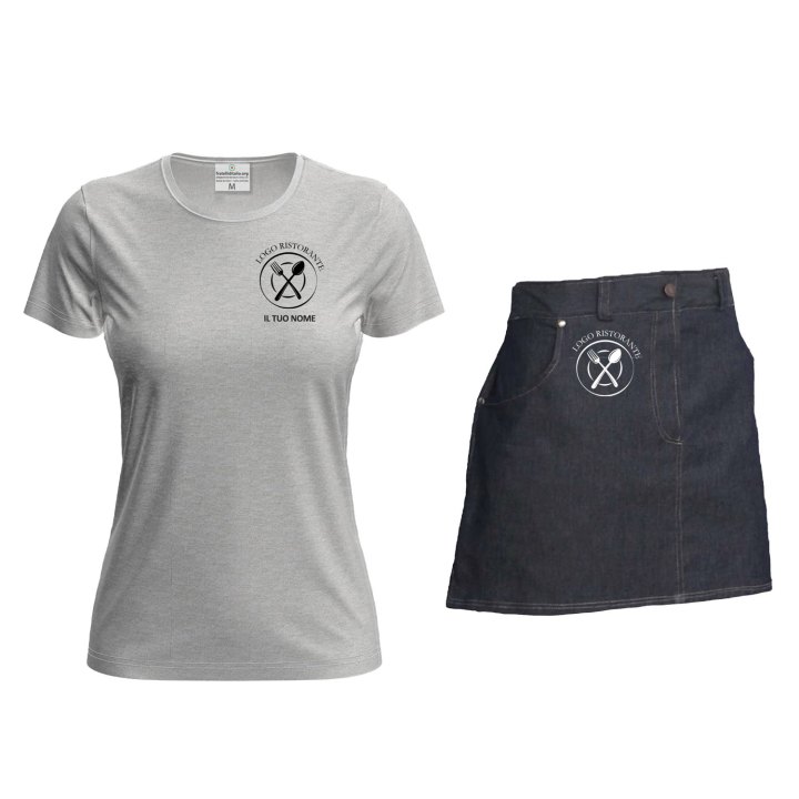 Kit donna con Grembiule davantino jeans corto e t-shirt per cameriere sala bar e divisa per Scuola Alberghiera Personalizzabile con Nome e Logo