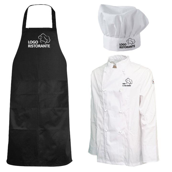 Completo Personalizzabile Kit Divisa Cucina e Scuola Alberghiera con Grembiule, Cappello e Casacca Chef